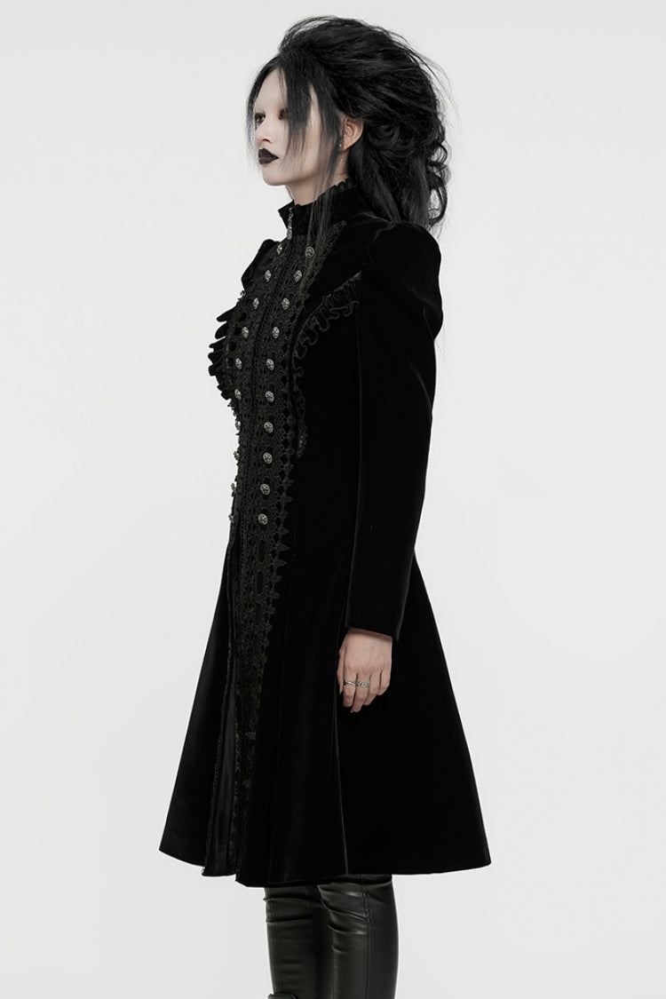 Black Long Puff Sleeves Floral Embroidery Women's Gothic Coat