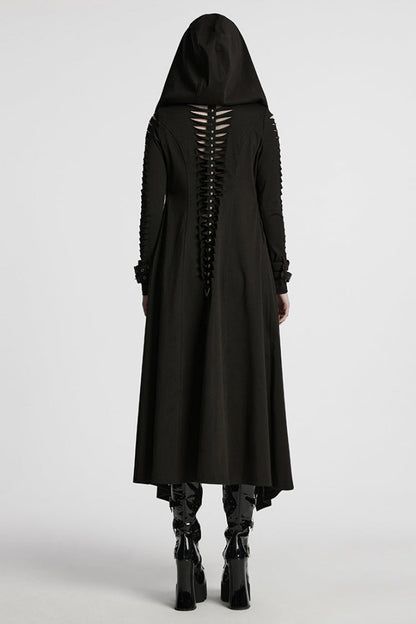 Black Long Sleeves Hooded Ripped Buckle Women's Punk Long Coat