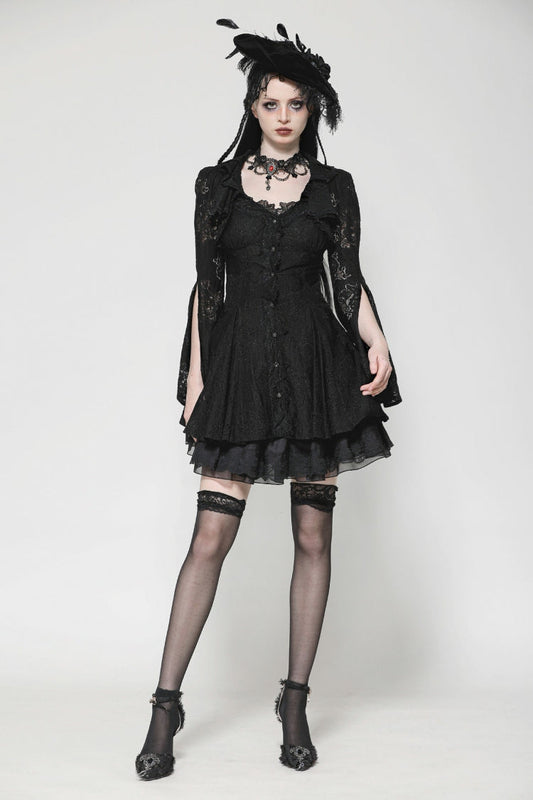 Black Long Trumpet Sleeves Embroidered Lace Lace-Up Women's Gothic Honeymoon Dress