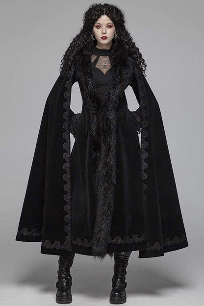 Black Fur Collar Slit Cloak Shape Sleeve Back Waist Lace Up Imitation Cashmere Long Women's Gothic Coat