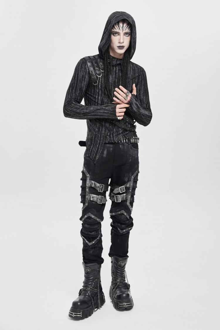Black Buckle Straps Pleated Men's Punk Pants