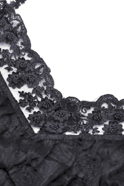 Black Off Shoulder Halterneck Lace Crinkle Women's Gothic Tank Top