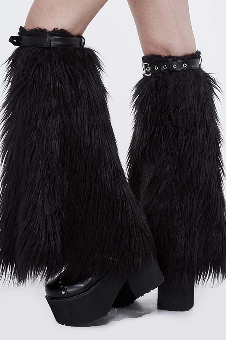 Black Leather Decorated Adjustable Women's Gothic Wool Leg Warmer Accessory