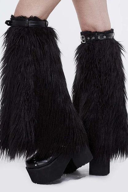 Black Leather Decorated Adjustable Women's Gothic Wool Leg Warmer Accessory