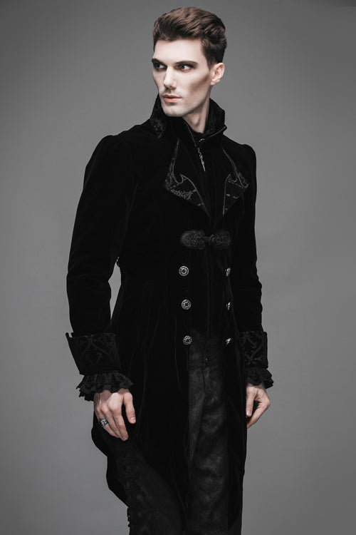 Black Embroidered Collar Long Sleeves Mens Velveteen Tuxedo Gothic Coat