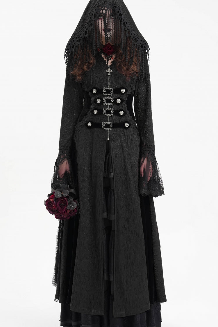 Black Buckle-up Tassels Hooded Women's Gothic Coat