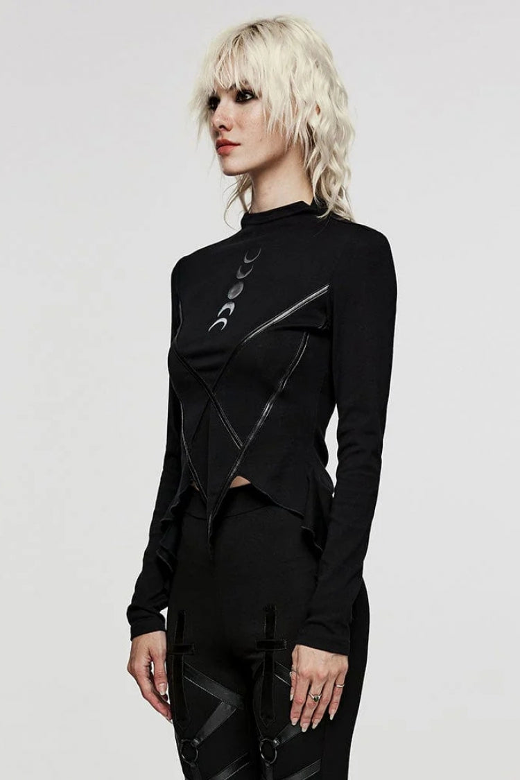 Black Long Sleeves Moon Print Leather Stitching Irregular Womens Steampunk T-Shirt