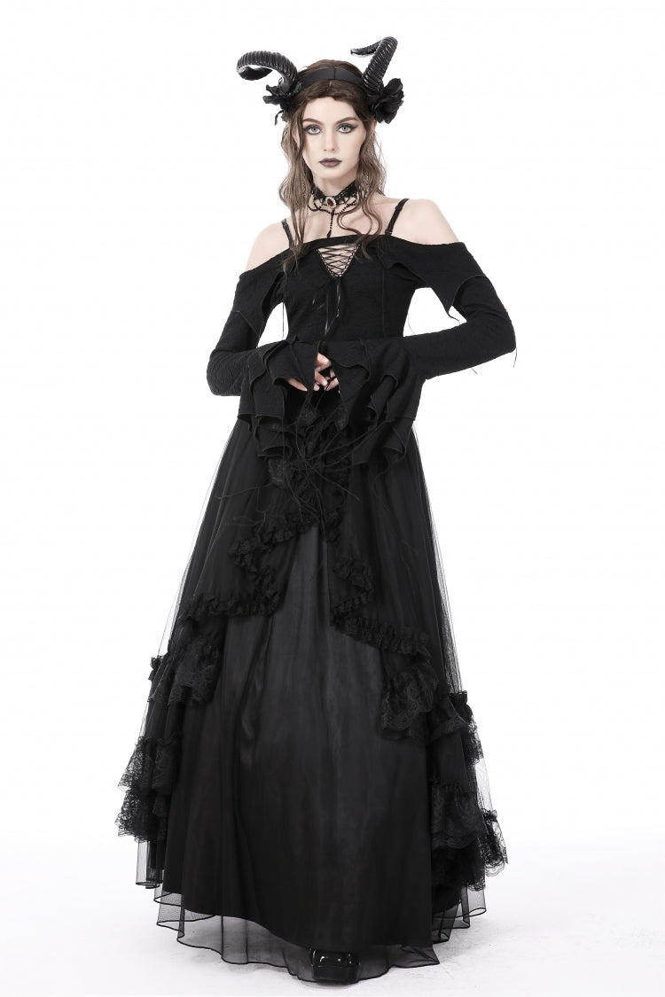 Black Off Shoulder Long Trumpet Sleeves Lace-Up Women's Gothic Sexy Crop Top
