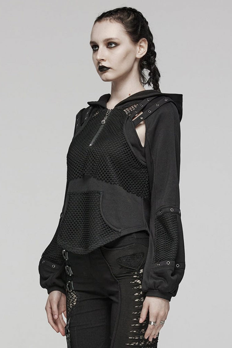 Black Long Sleeves Hollow Mesh Stitching Hooded Womens Steampunk Blouse