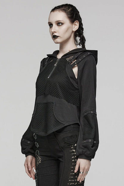 Black Long Sleeves Hollow Mesh Stitching Hooded Womens Steampunk Blouse