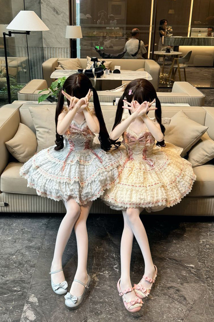 Apricot [Song of Floral Letters] Sleeveless Triple-Layered Bowknot Lace-Up Sweet Lolita Jsk Dress