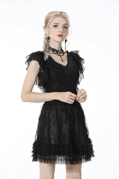 Black Plunging V Collar Short Sleeves Ruffled Lace Sexy Women's Gothic Crop Top