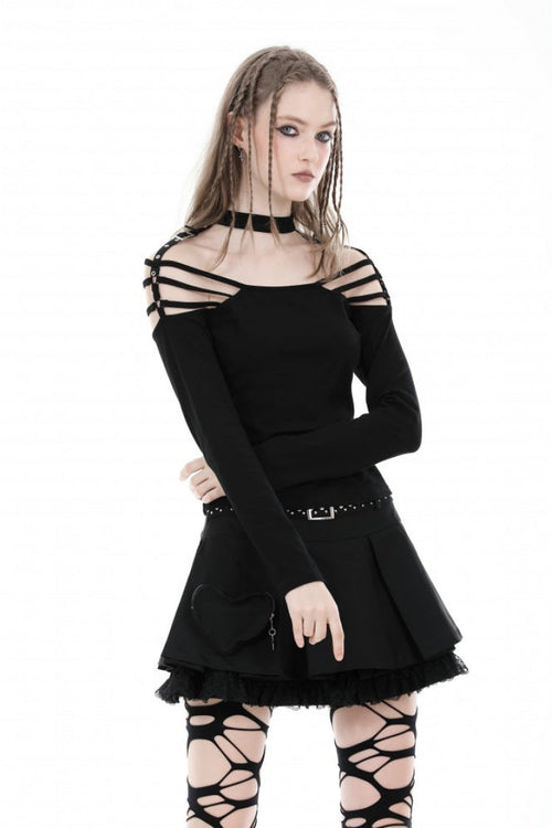 Black Off Shoulder Long Sleeves Cut-Out Buckled Women's Punk Blouse
