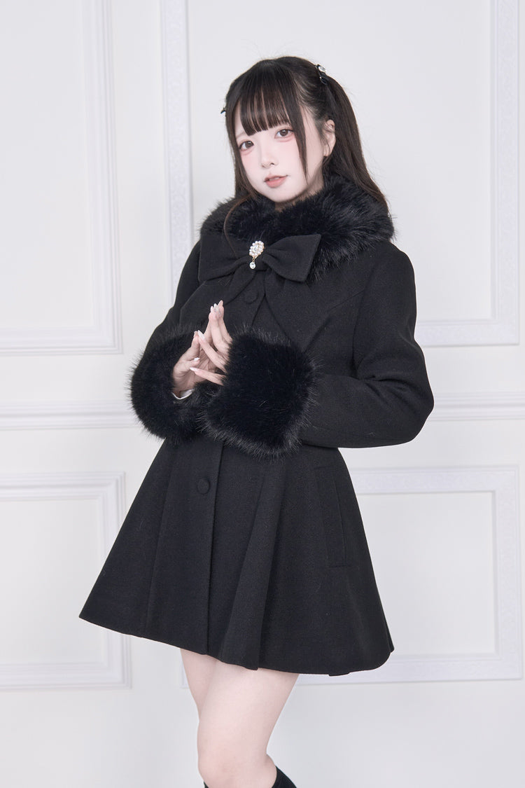 Black Plush Collar Long Sleeves Bowknot Japanese Sweet Lolita Coat