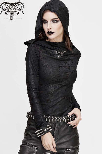Black Hooded Snakeskin Ripped Pattern Triangle Metal Nail Asymmetrical Women's Punk Shirt