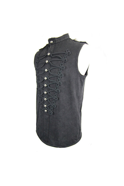 Black Military Uniform Style Chest Chinese Frog Button Sleeveless Men's Punk T-Shirt