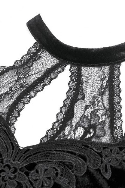 Black Off Shoulder Halterneck Long Trumpet Sleeves Cut-Out Lace Spliced Velvet Gothic Palace Top