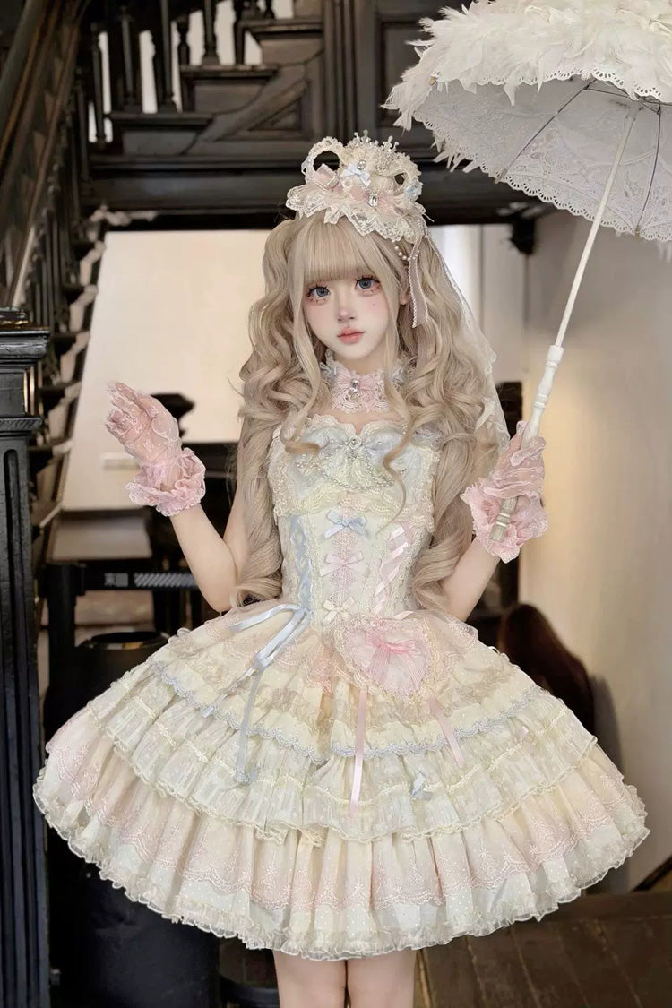Apricot/Pink [Cloudwhale Dreamweaver] Square Collar Multi-Layered Ruffled Bow Lace Sweet Lolita Jsk Dress