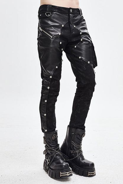 Black Patchwork Asymmetric Rivet Studded Punk Leather Mens Pants