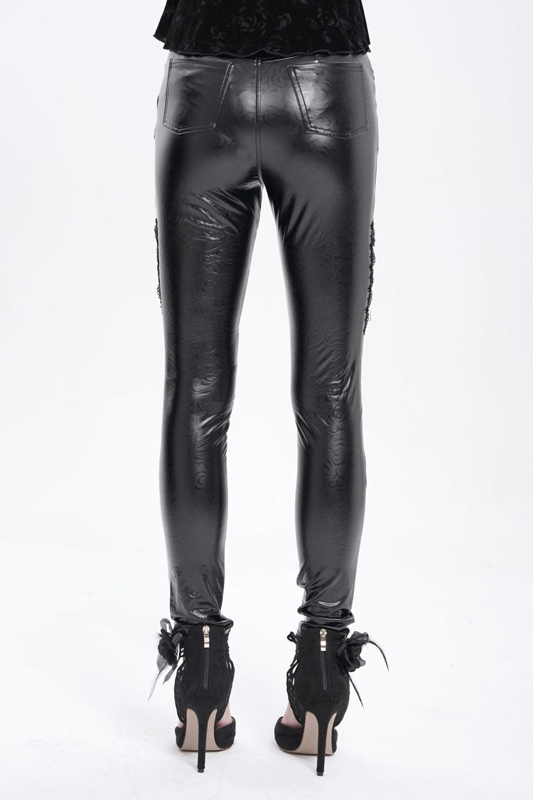 Black Chain Faux Leather Stitching Lace Women's Gothic Pants