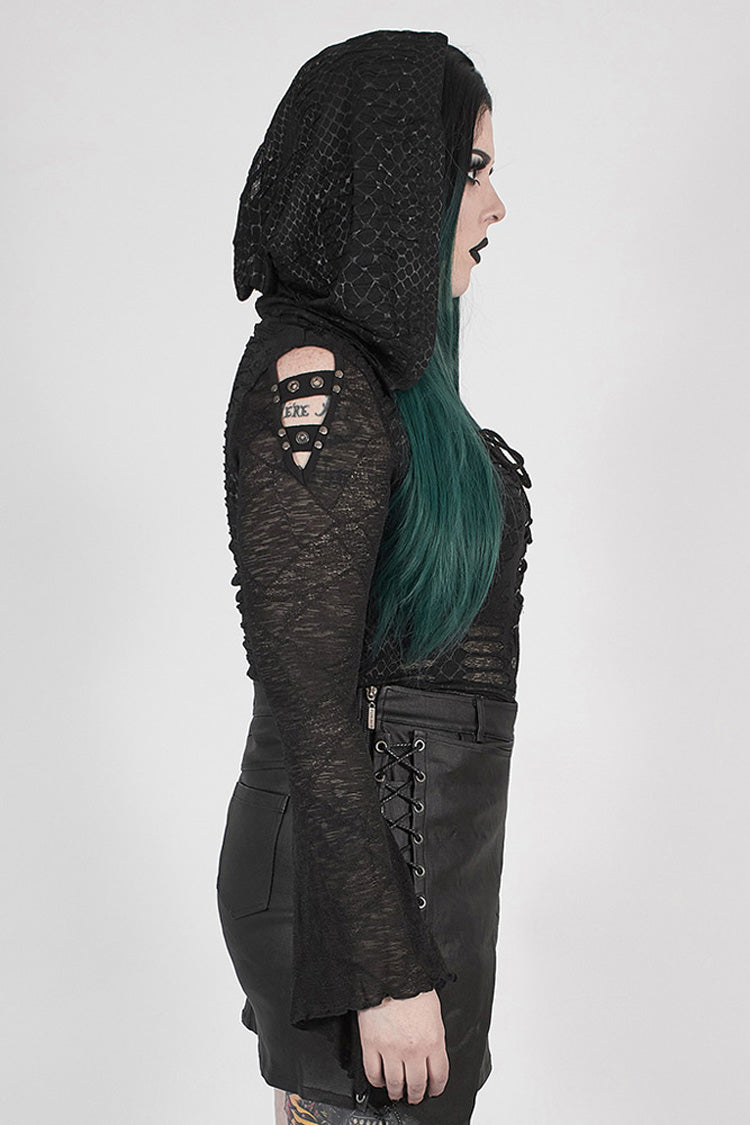 Black Front Chest Lace-Up Flare Sleeve Splice Mesh Plus Size Broken Holes Knit Hooded Women's Punk T-Shirt