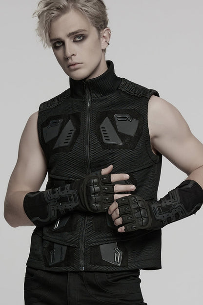 Black Men's Punk Cool Rubber Patched Half-finger Gloves