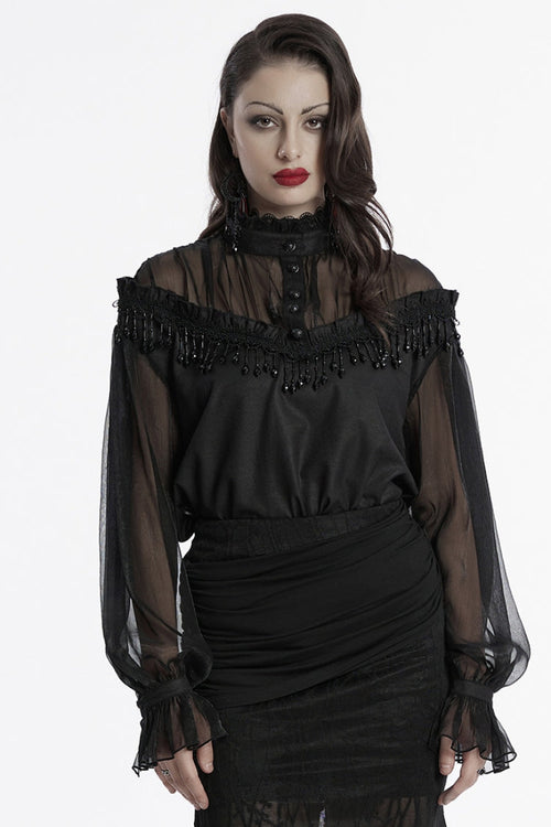 Black Long Sleeves Ruffle Sheer Mesh Women's Gothic Blouse
