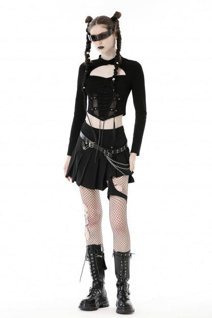 Black Long Sleeves Cut-Out Spliced Mesh Zippered Strappy Eyelet Women's Punk Crop Top
