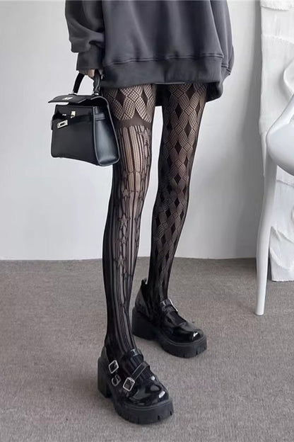 Black Mesh Asymmetric Striped Gothic Lolita Tights