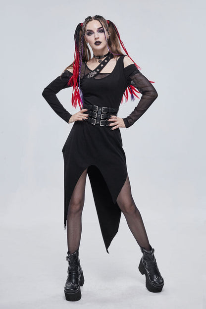 Black Asymmetric Distressed Design Metal Ghost Hand Buttonhole Decoration Women's Punk Dress