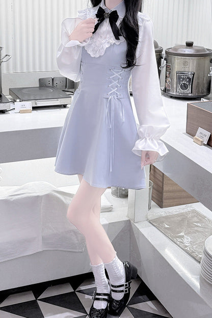 Aqua Long Sleeves Bowknot Lace-Up Sweet Jirai Kei Dress