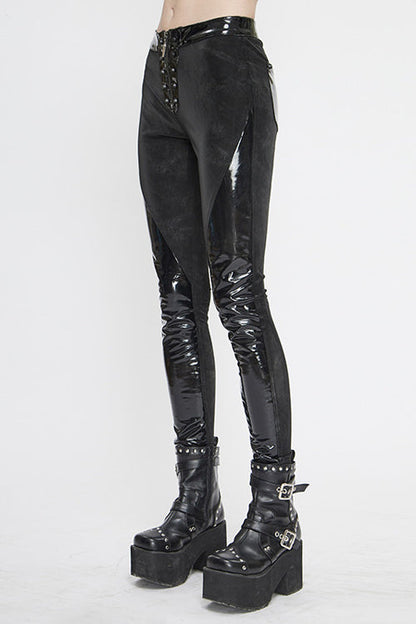 Black Fringe Patent Leather Spliced Punk Leggings Womens Pants