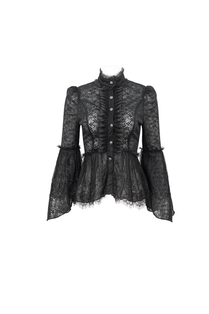 Black Lace Round Collar Flared Sleeved Women's Gothic Shirt