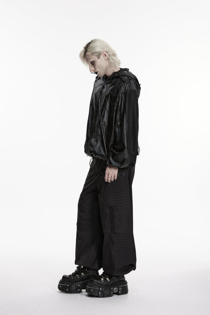 Black Lapel Collar Long Lantern Sleeves Lace-Up Hooded Mesh Zippered Men's  Punk Cool Jacket