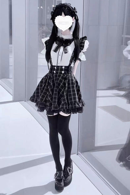 Black Plaid Print Ruffle Lace Jirai Kei Japanese Strap Dress