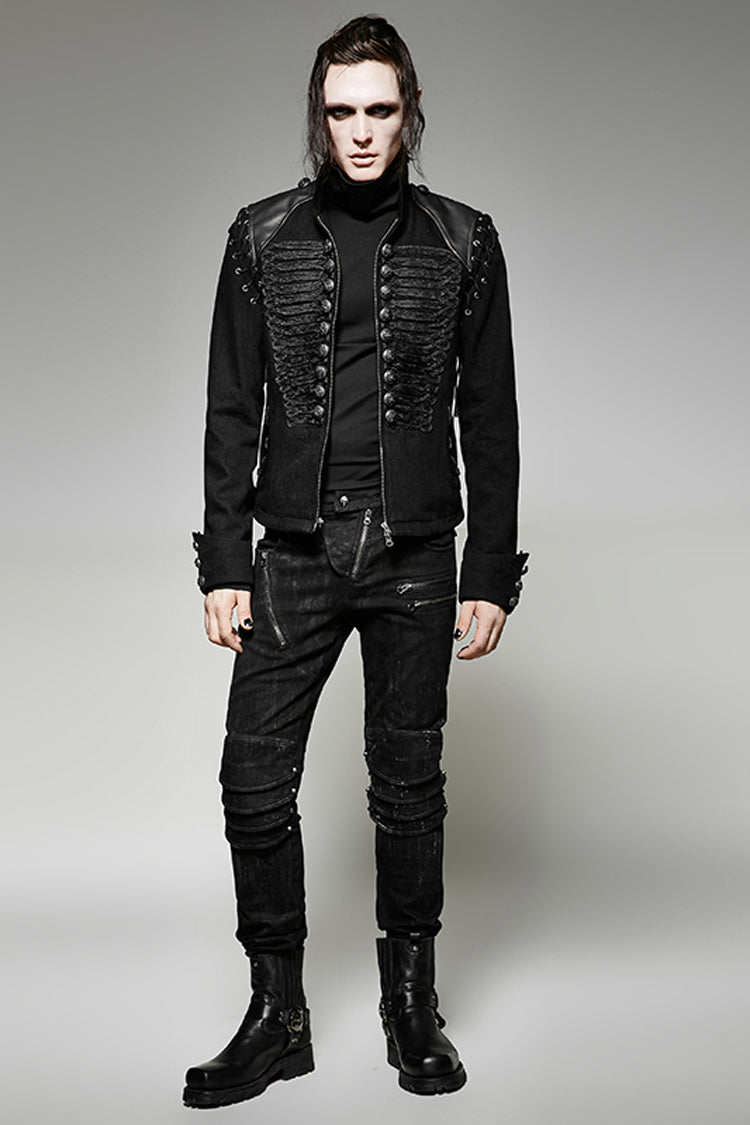 Black Metal Retro Button Decoration Long Sleeves Double Breasted Mens Steampunk Coat