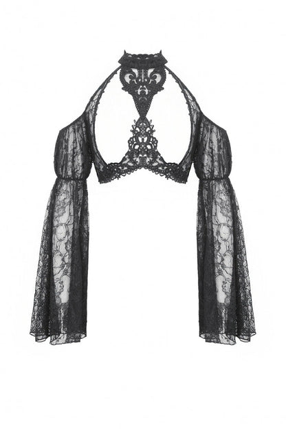 Black Off Shoulder Long Puff Sleeves Cut-Out Lace Women's Gothic Cape