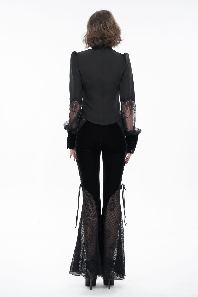 Black High Collar Translucent Lace Patchwork Bow Decoration Long Sleeve Women's Gothic Shirt