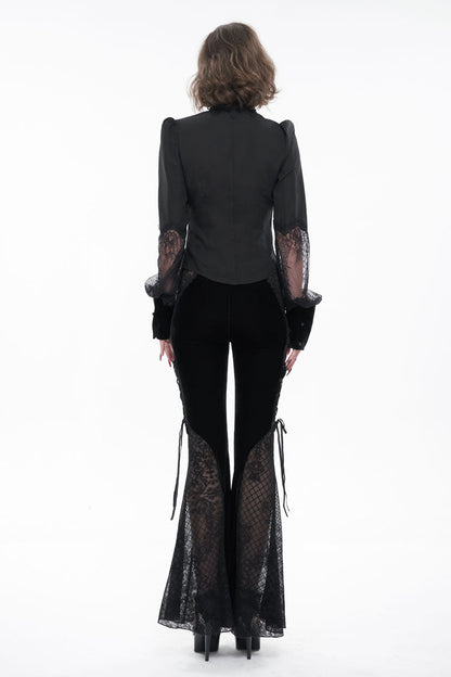 Black High Collar Translucent Lace Patchwork Bow Decoration Long Sleeve Women's Gothic Shirt