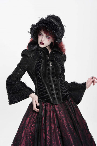 Black Lapel Collar Long Trumpet Sleeves Ruffle Lace-Up Zipper Women's Gothic Jacket