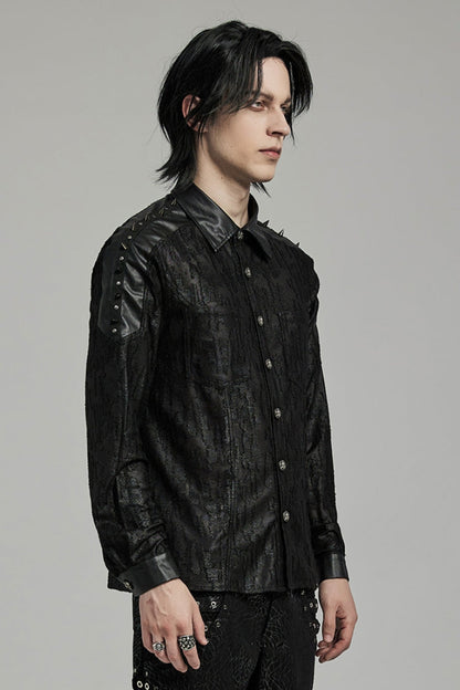 Black Lapel Collar Long Sleeves Faux Leather Stitching Men's Punk Blouse