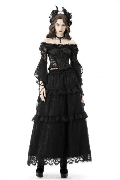 Black Off Shoulder Lace Long Trumpet Sleeves Floral Mesh Women's Gothic Cape