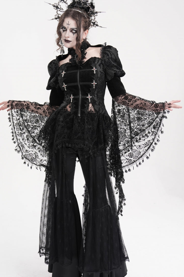 Black Long Sleeves Hollow Lace Tassels Women's Gothic Jacket