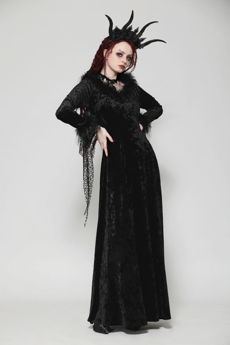 Black Long Sleeves Velvet Lace Women's Gothic Maxi Dress Wedding Dress