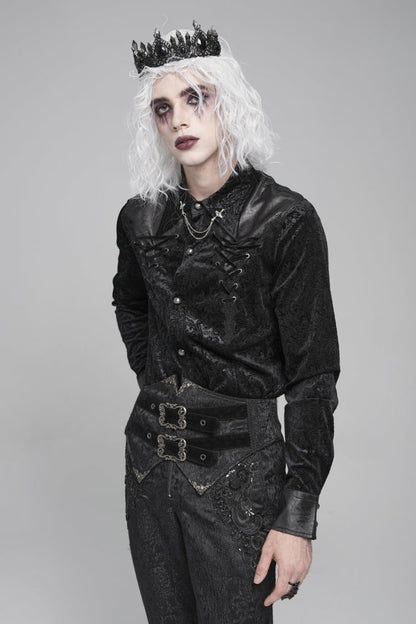 Black Lapel Collar Long Sleeves Print Embroidery Lace-Up Men's Gothic Blouse