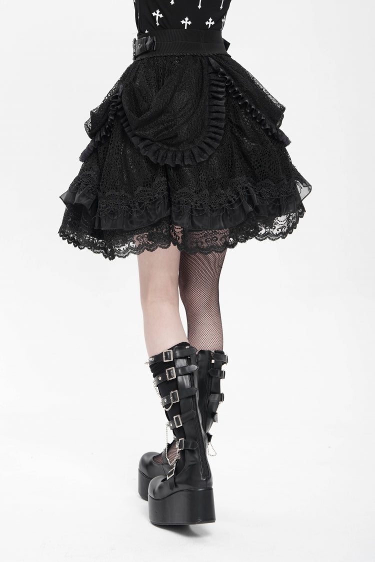 Black Multi-Layered Ruffle Buckle Straps Women's Gothic Skirt