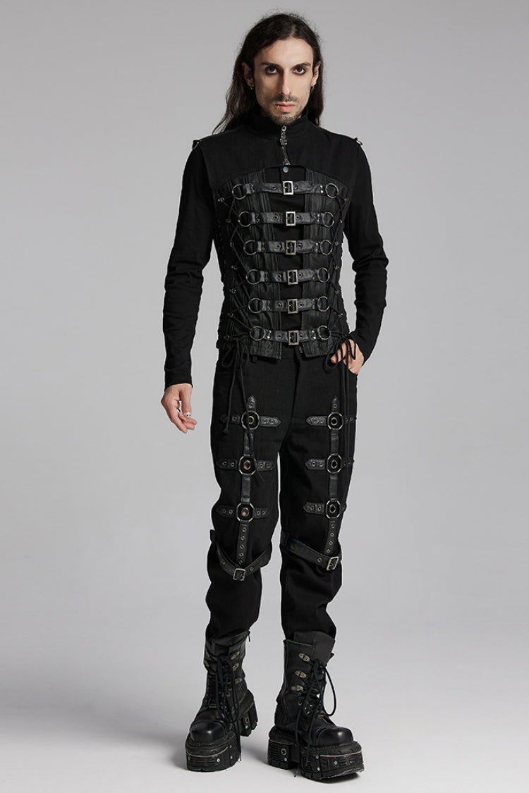 Black Cut-Out Buckled Strappy Spaghetti Men's Punk Vest