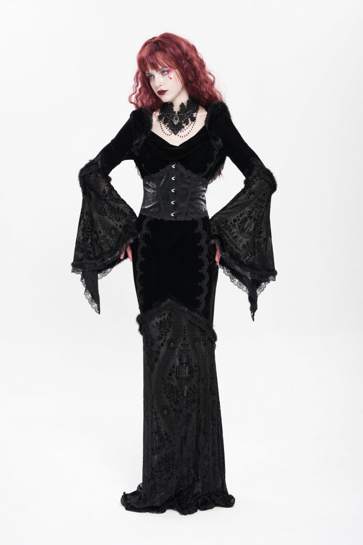 Black Long Trumpet Sleeves Embroidery Stitching Lace Hooded Mesh Women's Gothic Dress
