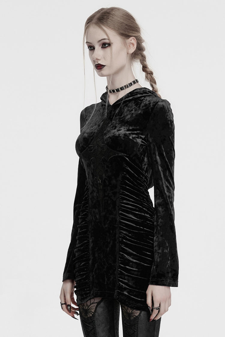 Black Long Sleeves Hollow Cross Stitching Lace Hooded Women's Gothic Dress