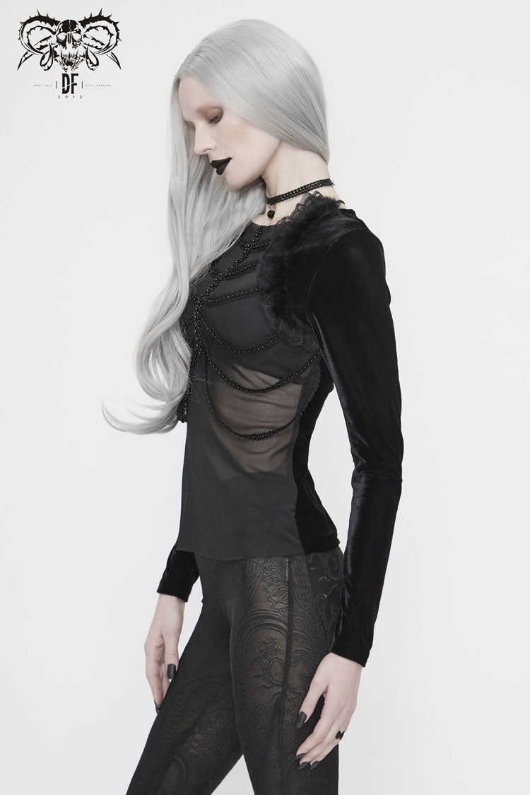 Black Front Beads Chain Decoration Velvet Frill Shawl Mesh Women's Gothic T-Shirt